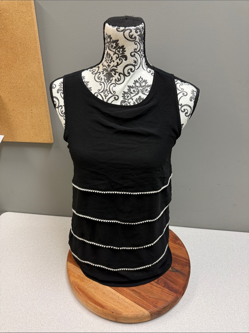 Design History Black‎ Tank Top with Horizontal Pearl Trim